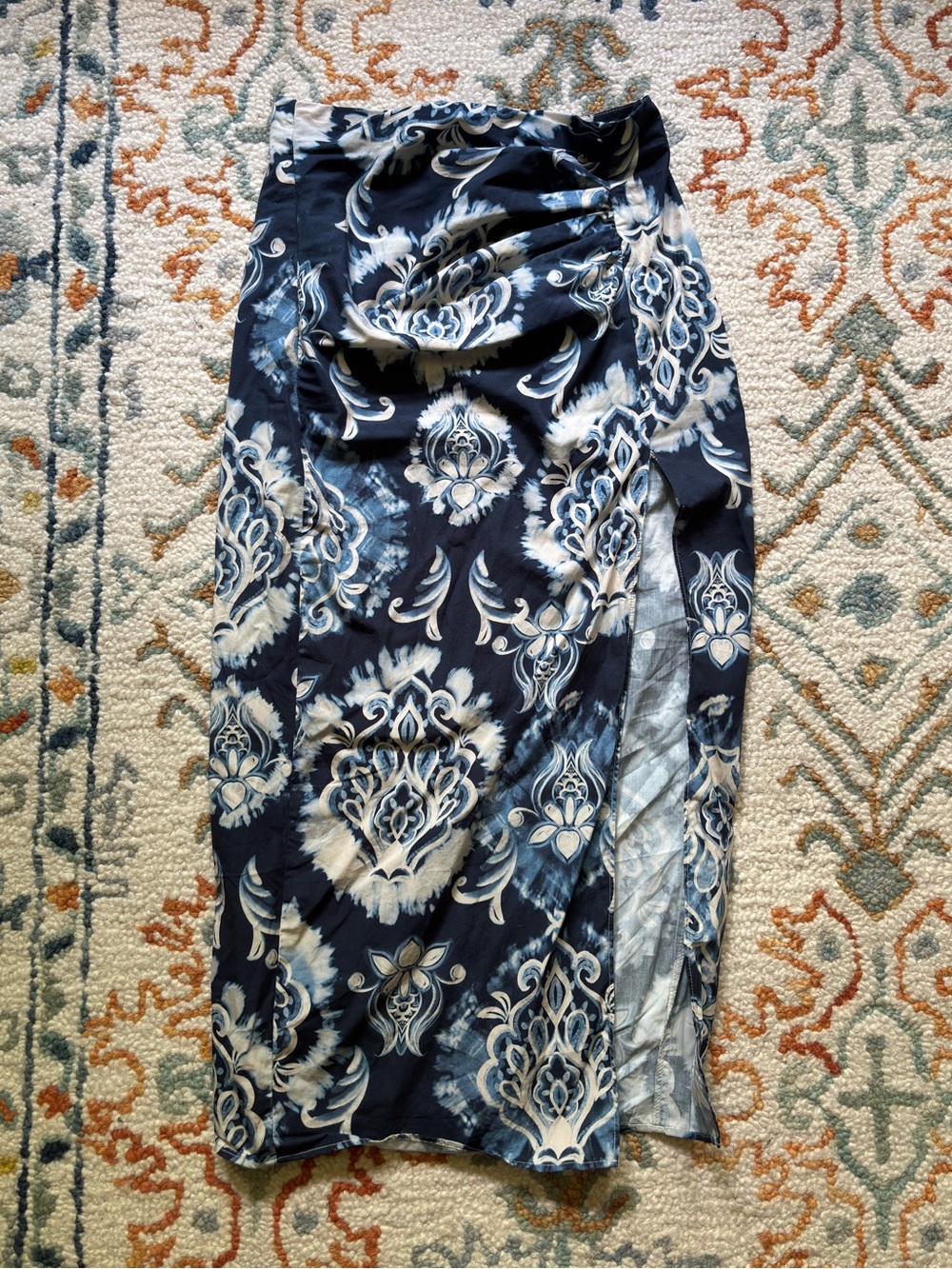 Zara Printed Ruched Midi Skirt XS Coastal Grandmother Blue Toile Skirt Side Slit